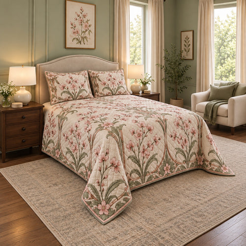Art Nouveau Cherry Blossom Quilt Set angled bedroom view
