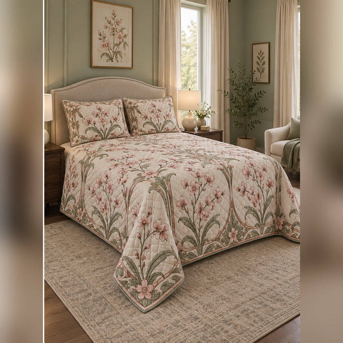Art Nouveau Cherry Blossom Quilt Set, angled cherry blossom bedroom view