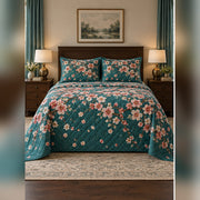 Teal Cherry Blossom Canopy Quilt Set, front cherry blossom bedroom view
