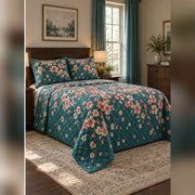 Teal Cherry Blossom Canopy Quilt Set, angled cherry blossom bedroom view