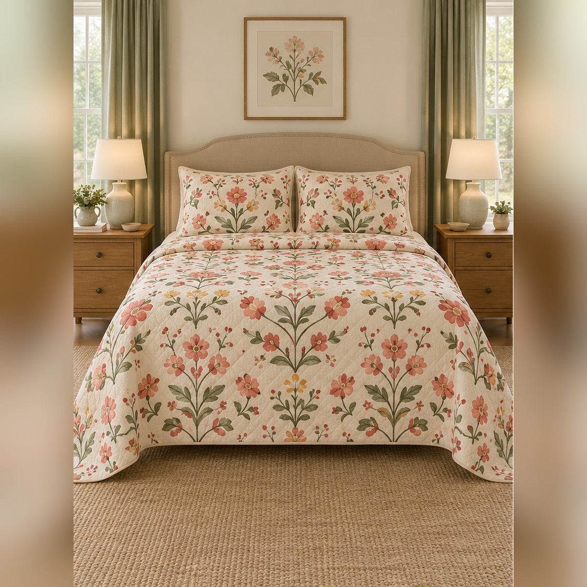 Folk Cherry Blossom Meadow Quilt Set, front cherry blossom bedroom view