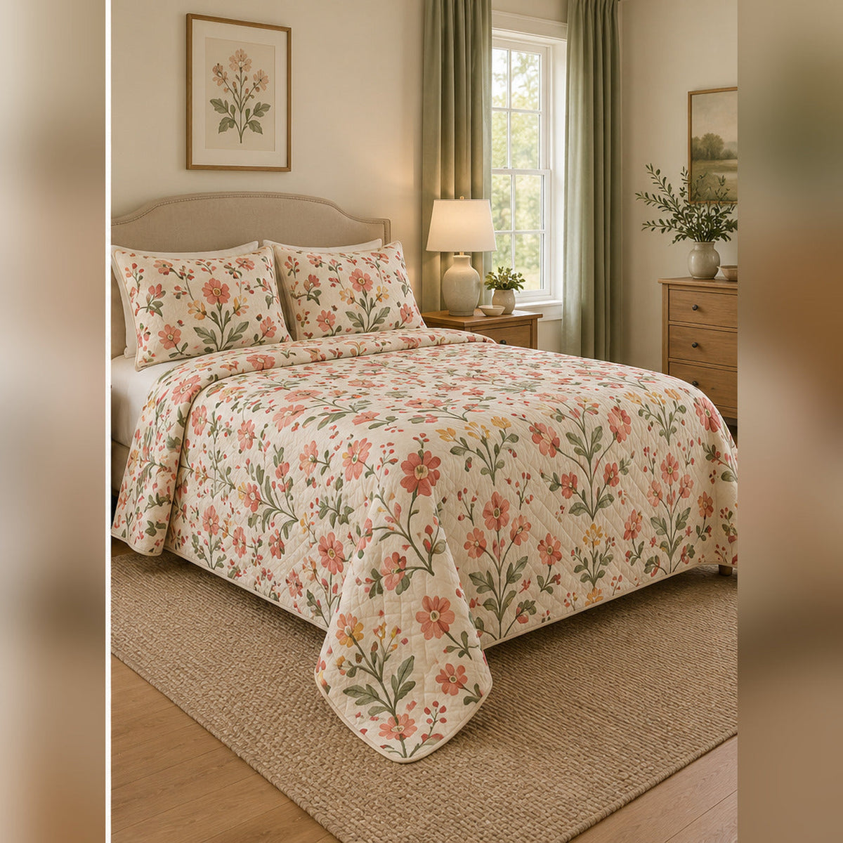 Folk Cherry Blossom Meadow Quilt Set, angled cherry blossom bedroom view