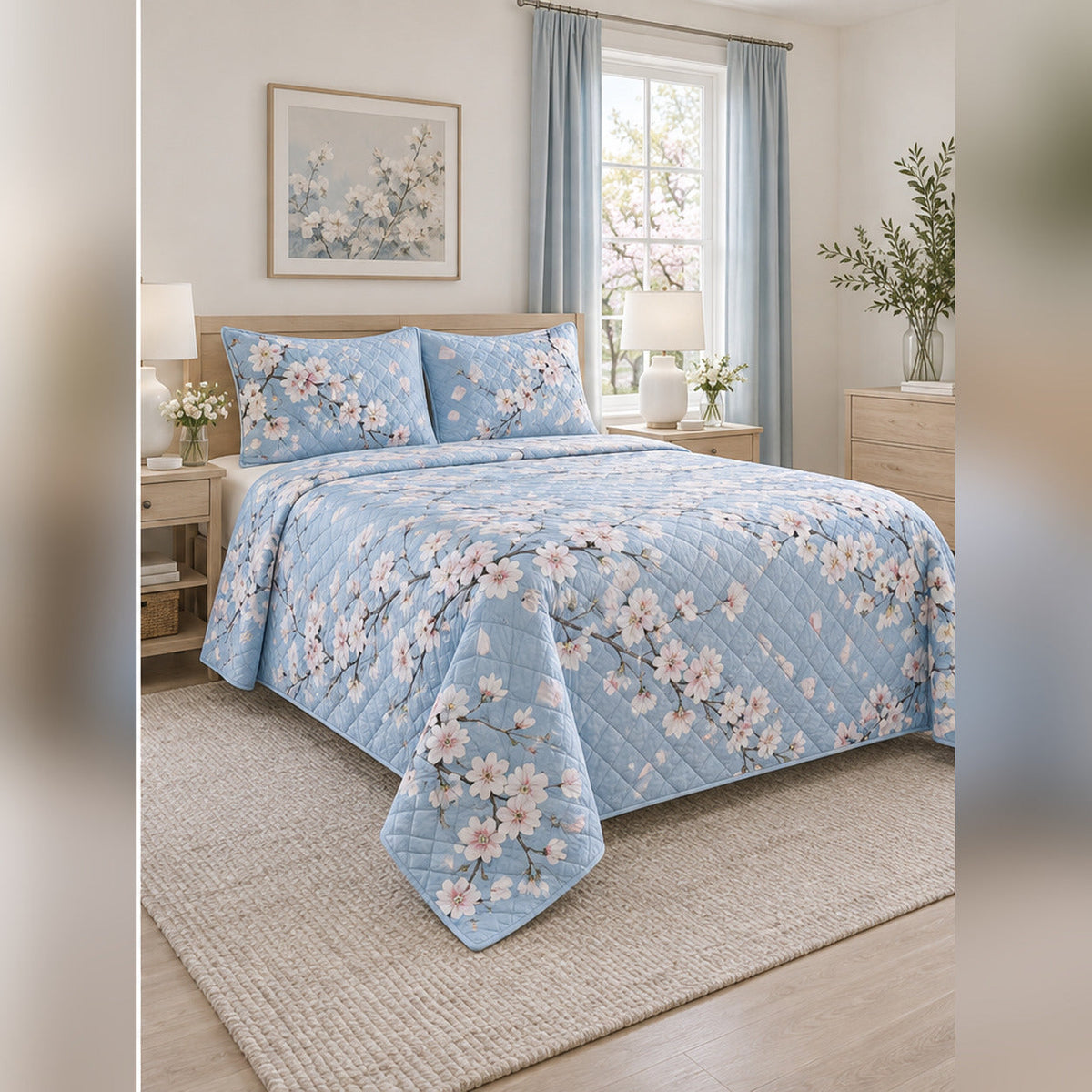 Spring Sky Cherry Blossom Quilt Set, angled cherry blossom bedroom view
