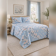 Spring Sky Cherry Blossom Quilt Set, angled cherry blossom bedroom view