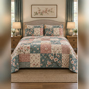 Heirloom Cherry Blossom Patchwork Print Quilt Set, front cherry blossom bedroom view