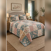 Heirloom Cherry Blossom Patchwork Print Quilt Set, angled cherry blossom bedroom view