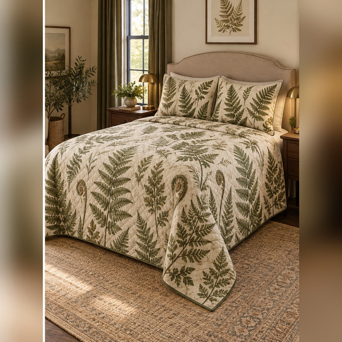 Vintage Fern Botanical Quilt Set, angled fern leaf bedroom view