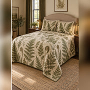 Vintage Fern Botanical Quilt Set, angled fern leaf bedroom view
