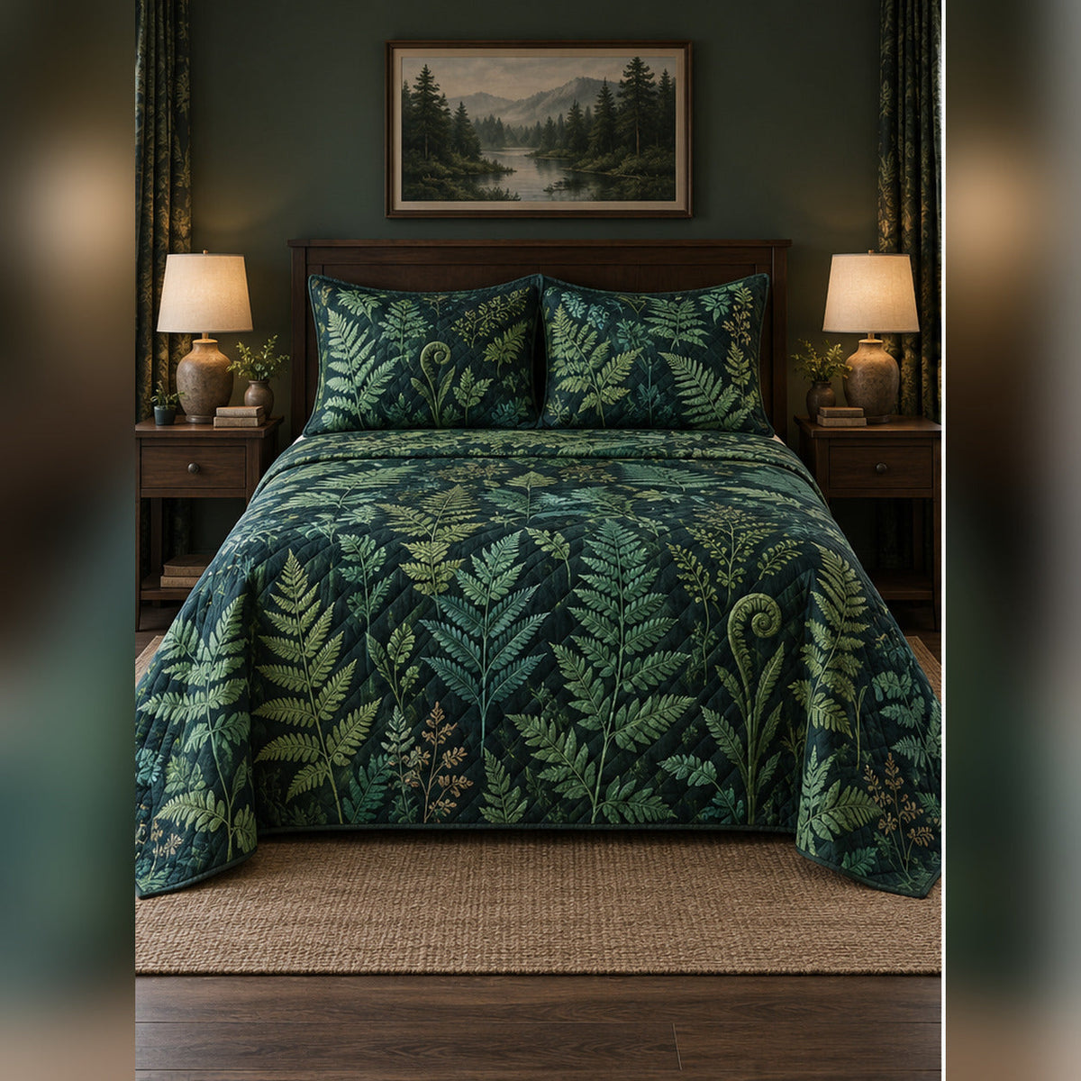Dark Forest Fern Quilt Set, front fern leaf bedroom view