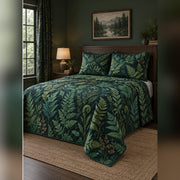 Dark Forest Fern Quilt Set, angled fern leaf bedroom view