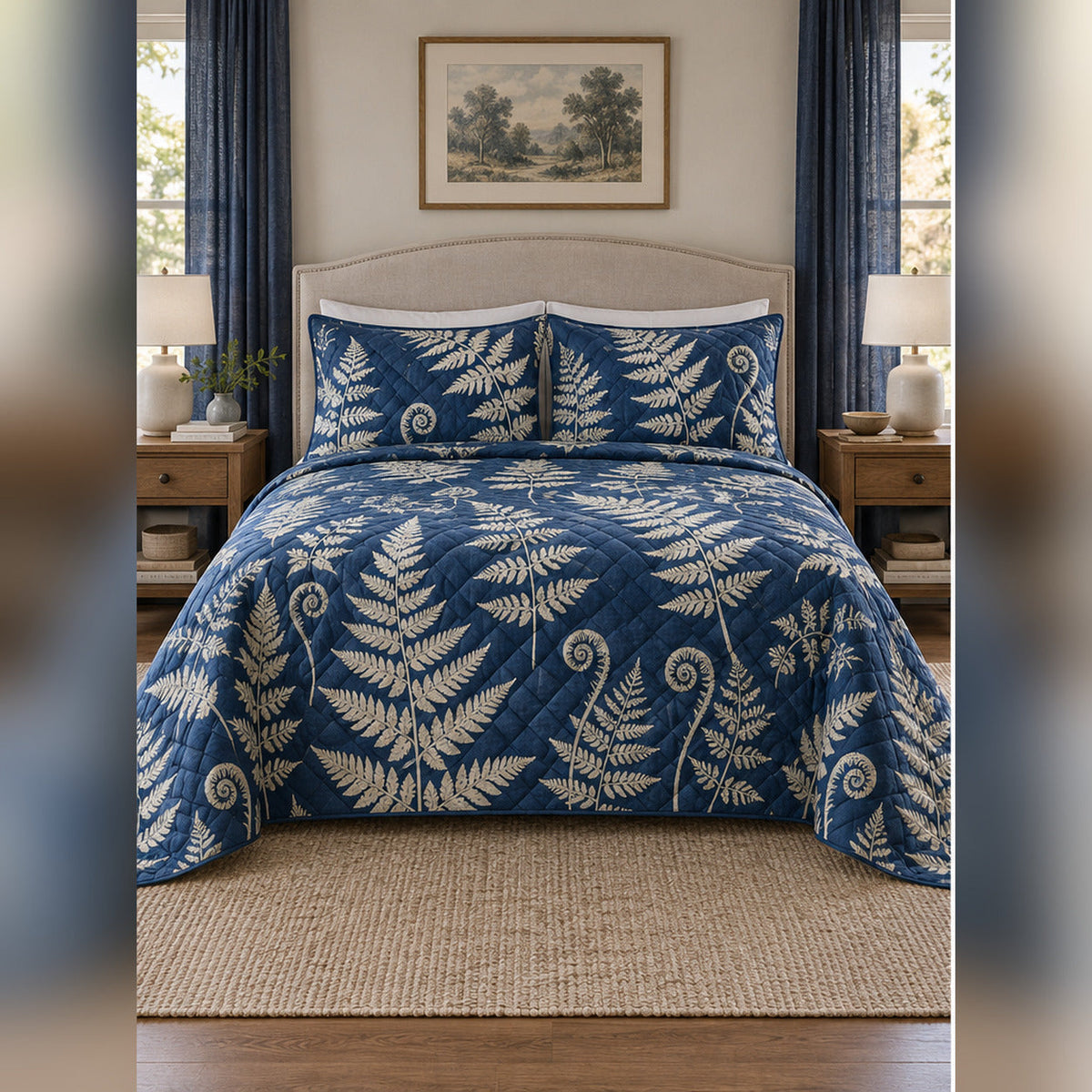 Indigo Fern Cyanotype Quilt Set, front fern leaf bedroom view