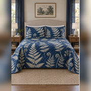 Indigo Fern Cyanotype Quilt Set, front fern leaf bedroom view