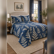 Indigo Fern Cyanotype Quilt Set, angled fern leaf bedroom view