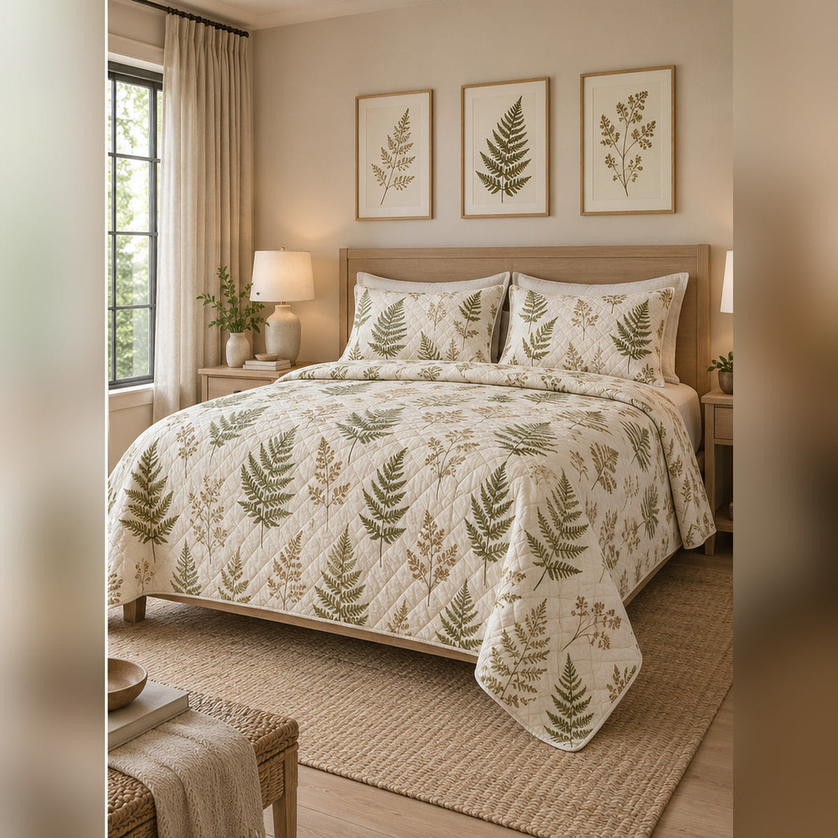 Pressed Fern Herbarium Quilt Set, angled fern leaf bedroom view