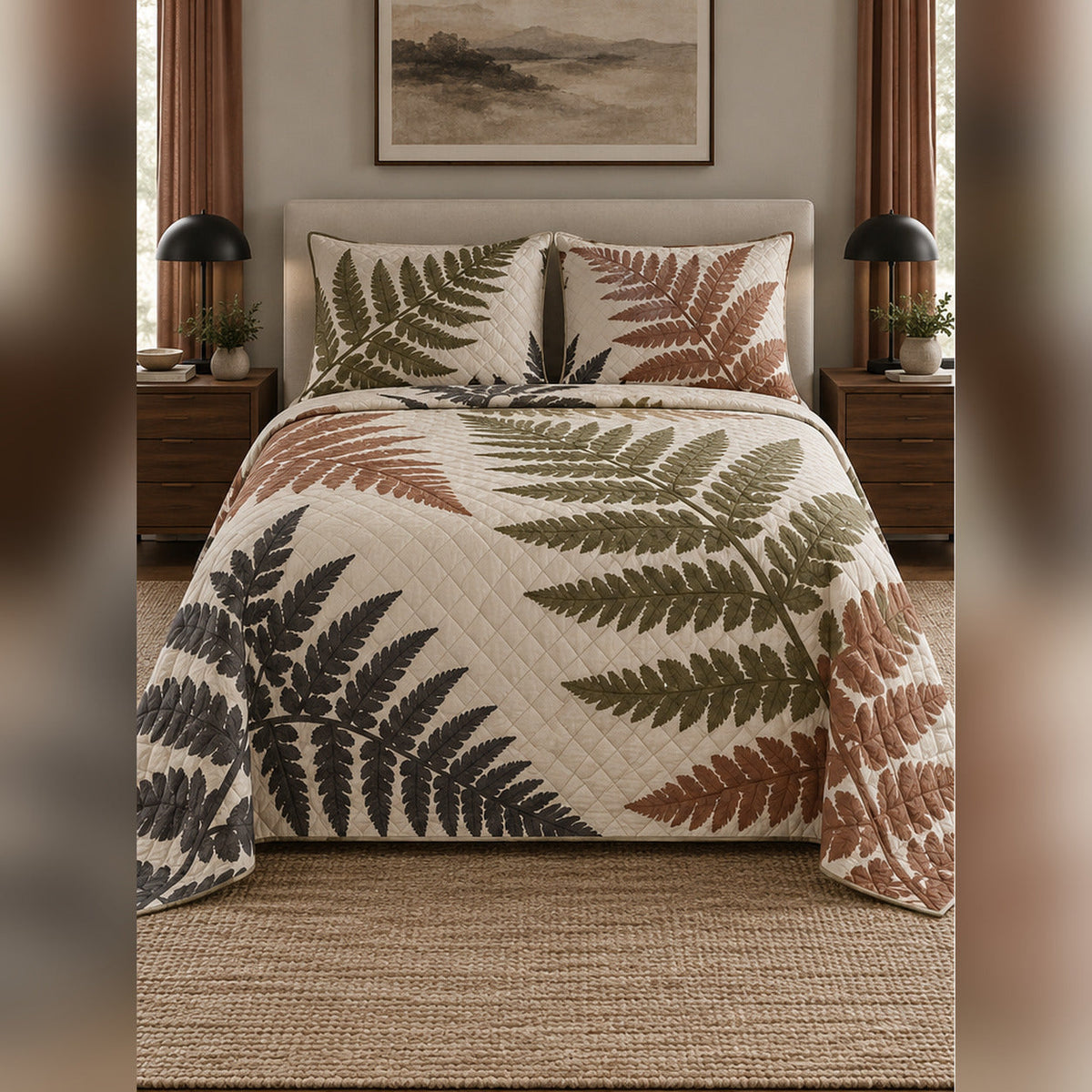 Modern Fern Silhouette Quilt Set, front fern leaf bedroom view