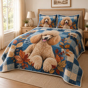 Poodle Autumn Patchwork Quilt Set: angled bedroom view showing the quilt artwork and coordinating shams