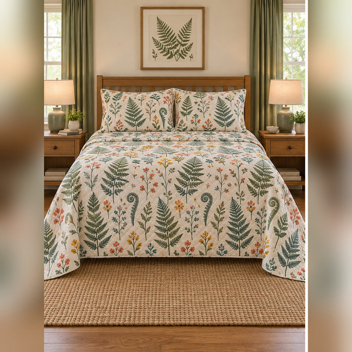 Folk Fern Garden Quilt Set, front fern leaf bedroom view