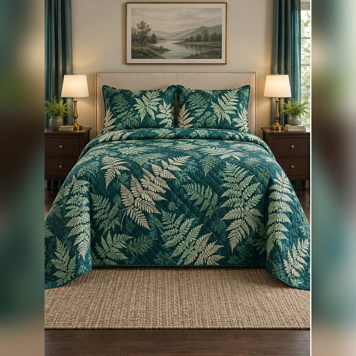 Teal Fern Canopy Quilt Set, front fern leaf bedroom view