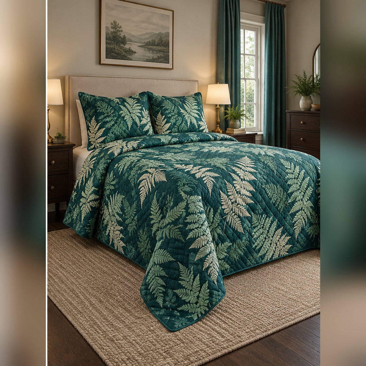 Teal Fern Canopy Quilt Set, angled fern leaf bedroom view