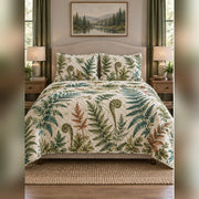 Watercolor Woodland Fern Quilt Set, front fern leaf bedroom view