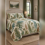 Watercolor Woodland Fern Quilt Set, angled fern leaf bedroom view