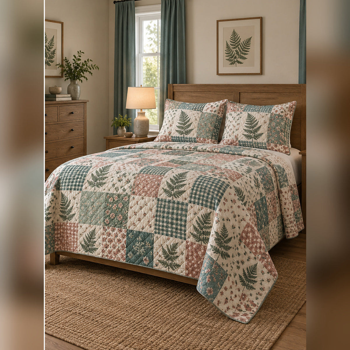 Heirloom Fern Patchwork Print Quilt Set, angled fern leaf bedroom view