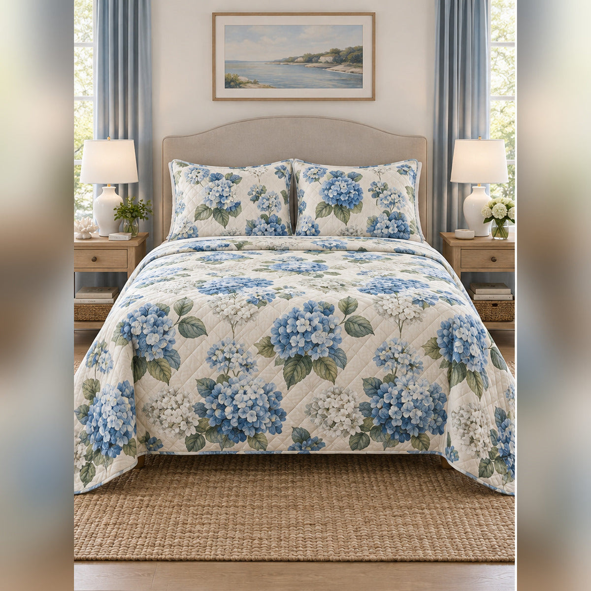 Coastal Blue Hydrangea Quilt Set, front hydrangea bedroom view