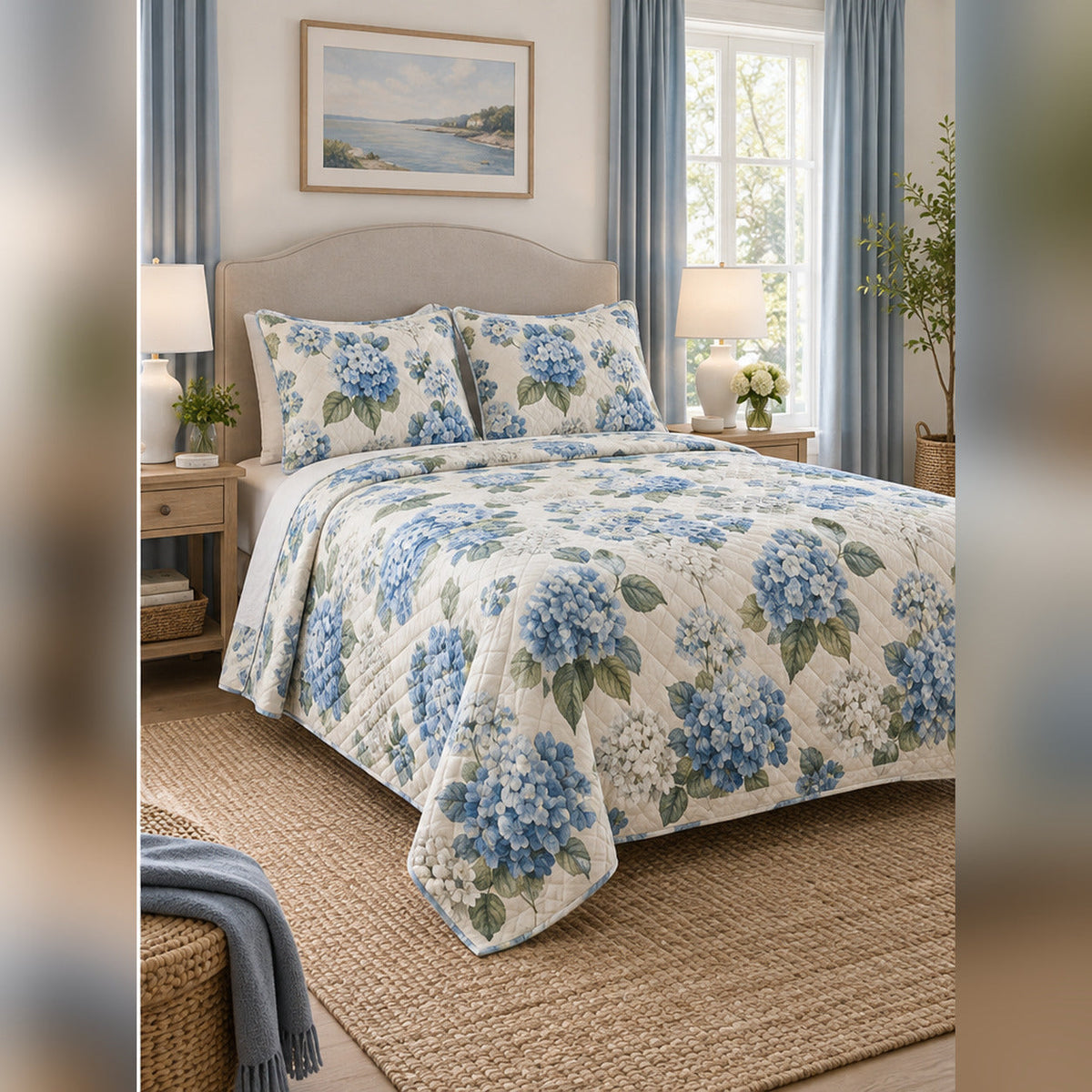 Coastal Blue Hydrangea Quilt Set, angled hydrangea bedroom view