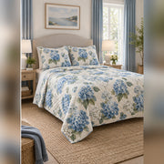 Coastal Blue Hydrangea Quilt Set, angled hydrangea bedroom view