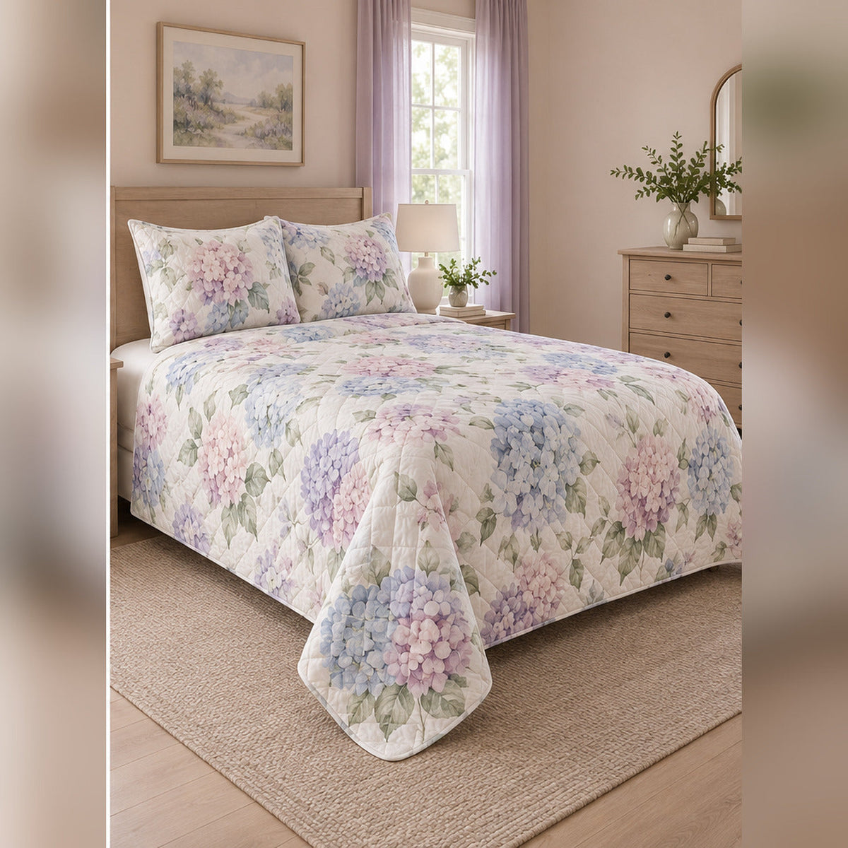 Pastel Watercolor Hydrangea Quilt Set, angled hydrangea bedroom view