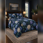 Midnight Hydrangea Garden Quilt Set, angled hydrangea bedroom view