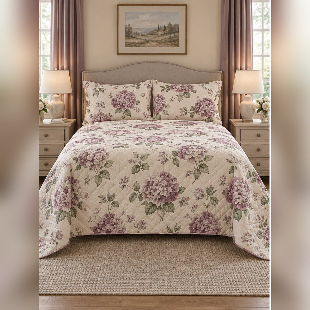 Mauve Cottage Hydrangea Quilt Set, front hydrangea bedroom view