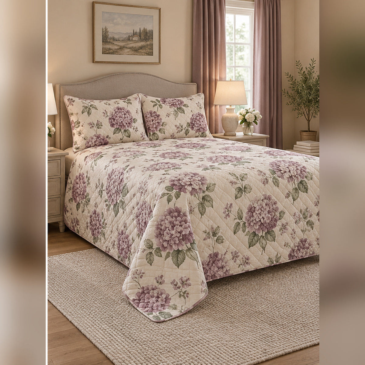 Mauve Cottage Hydrangea Quilt Set, angled hydrangea bedroom view