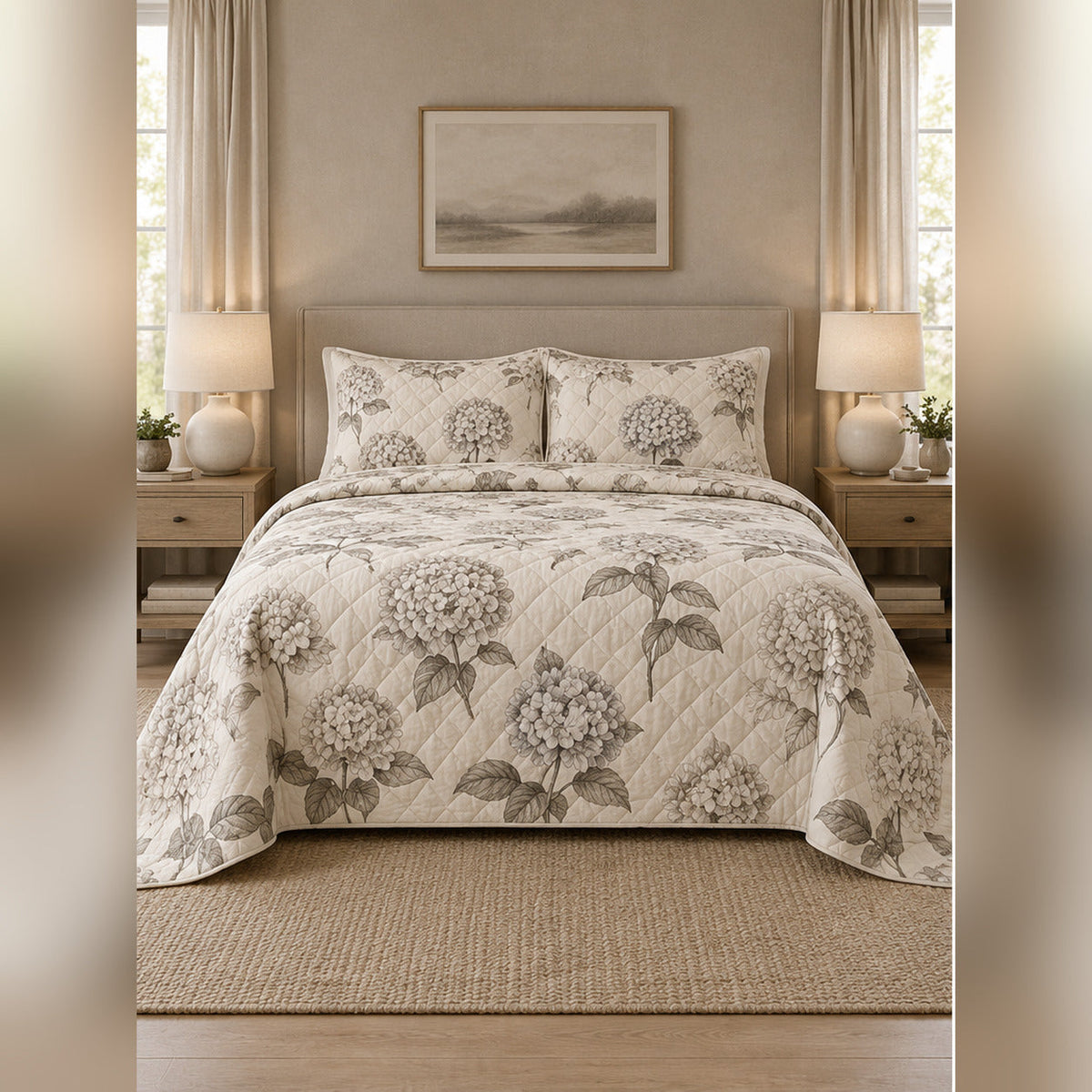 Neutral Hydrangea Sketch Quilt Set, front hydrangea bedroom view