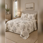 Neutral Hydrangea Sketch Quilt Set, angled hydrangea bedroom view