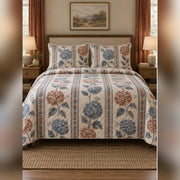 Woodblock Hydrangea Stripe Quilt Set, front hydrangea bedroom view