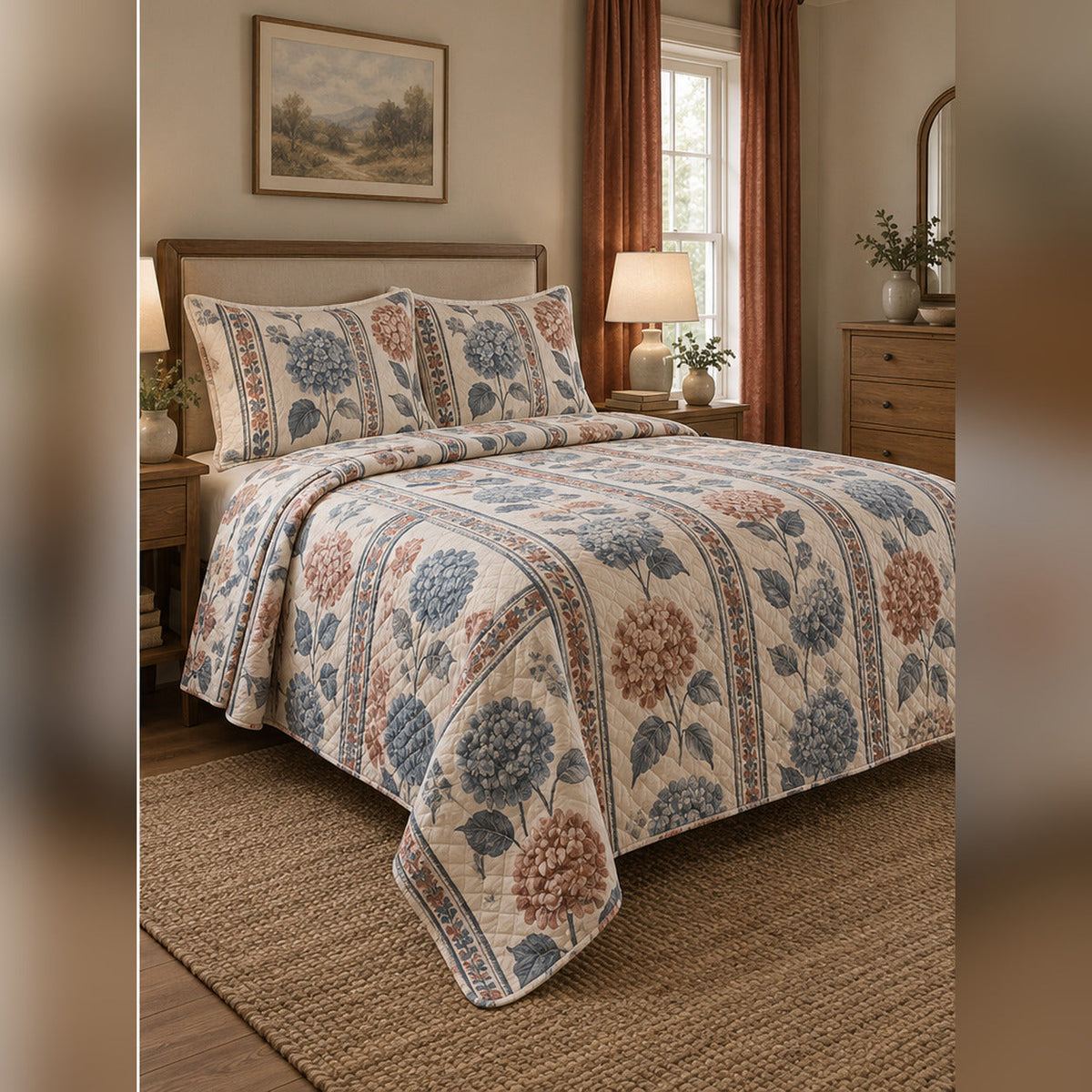 Woodblock Hydrangea Stripe Quilt Set, angled hydrangea bedroom view
