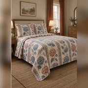 Woodblock Hydrangea Stripe Quilt Set, angled hydrangea bedroom view