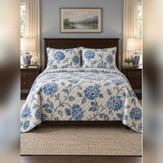 Ornamental Blue Hydrangea Quilt Set, front hydrangea bedroom view