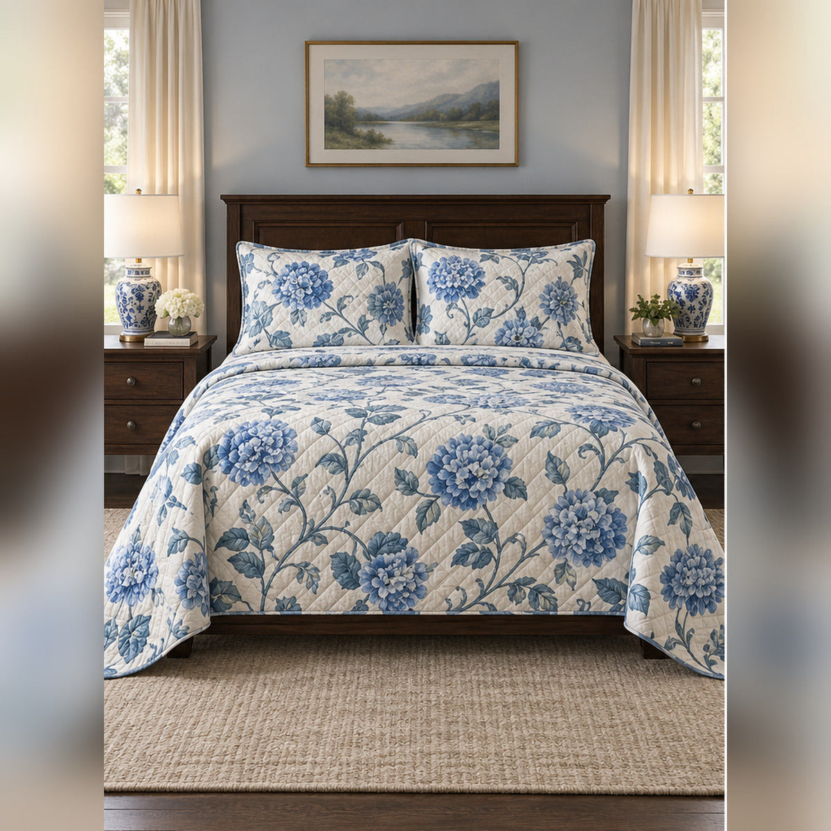 Ornamental Blue Hydrangea Quilt Set, front hydrangea bedroom view