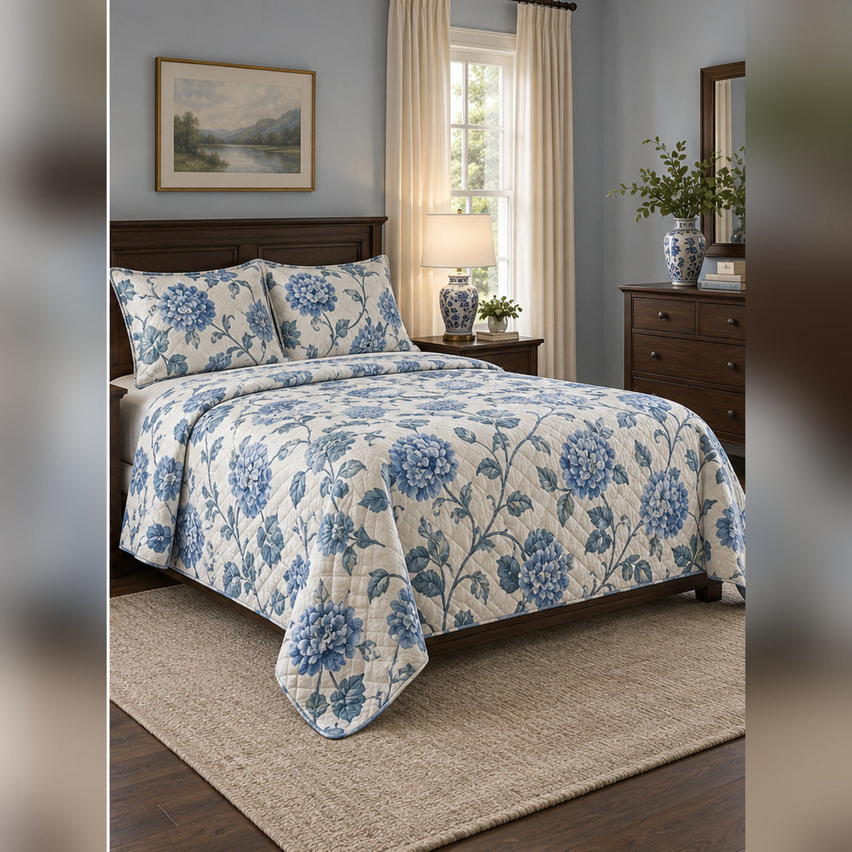 Ornamental Blue Hydrangea Quilt Set, angled hydrangea bedroom view