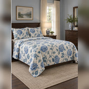 Ornamental Blue Hydrangea Quilt Set, angled hydrangea bedroom view