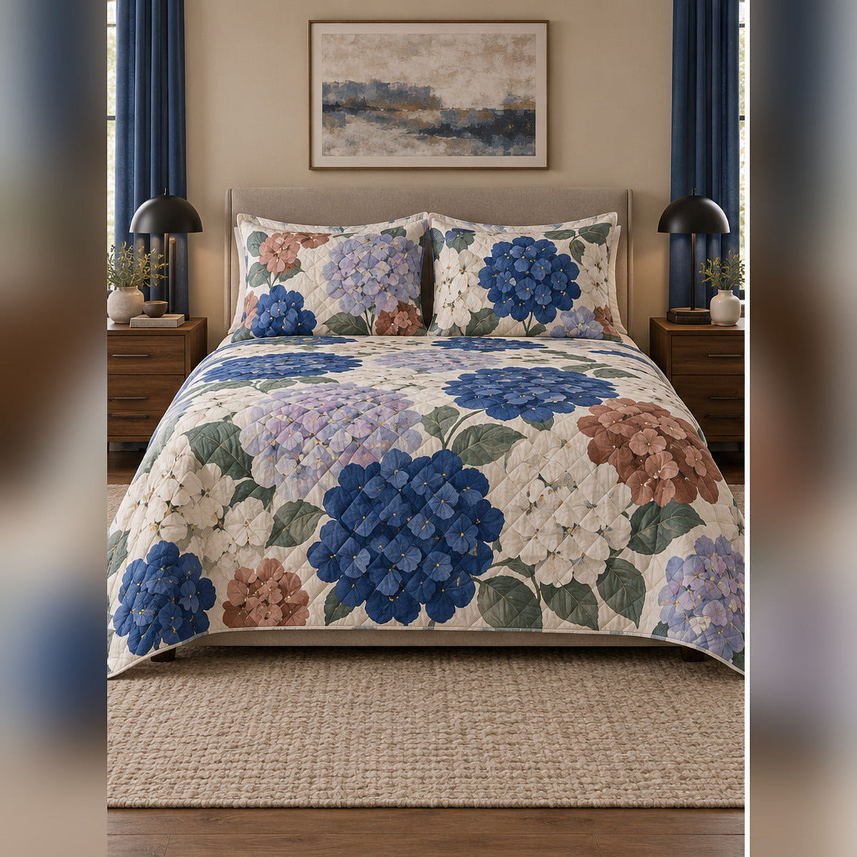 Modern Abstract Hydrangea Quilt Set, front hydrangea bedroom view