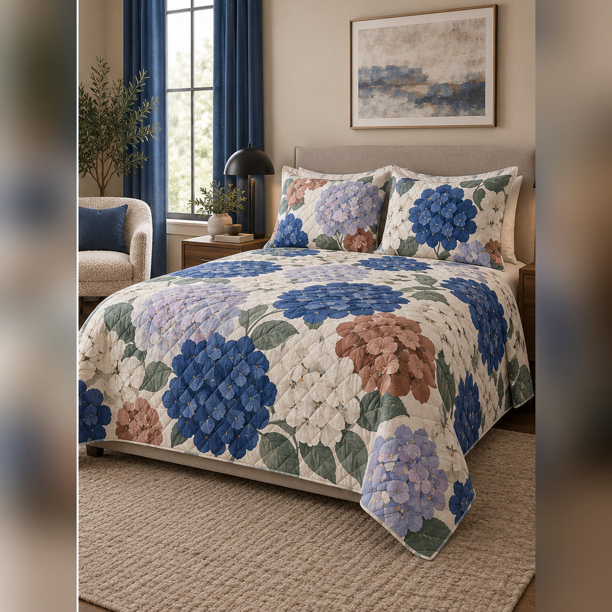 Modern Abstract Hydrangea Quilt Set, angled hydrangea bedroom view