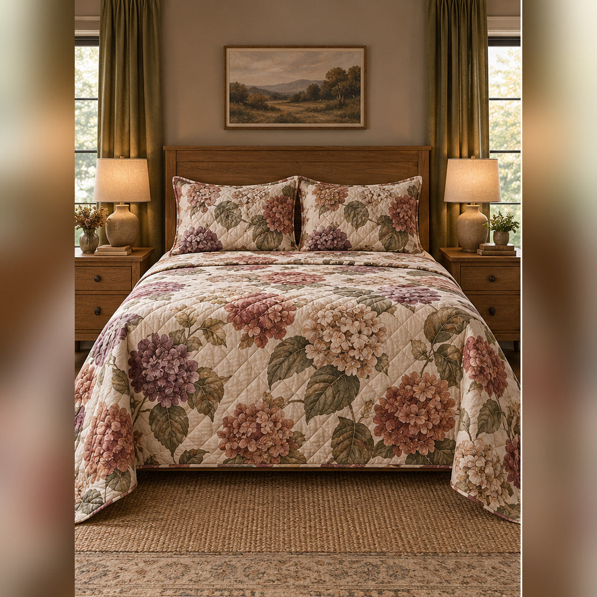 Dried Autumn Hydrangea Quilt Set, front hydrangea bedroom view