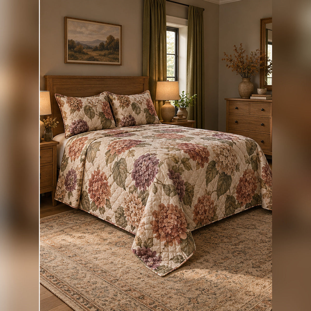 Dried Autumn Hydrangea Quilt Set, angled hydrangea bedroom view
