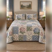 Heirloom Hydrangea Patchwork Print Quilt Set, front hydrangea bedroom view