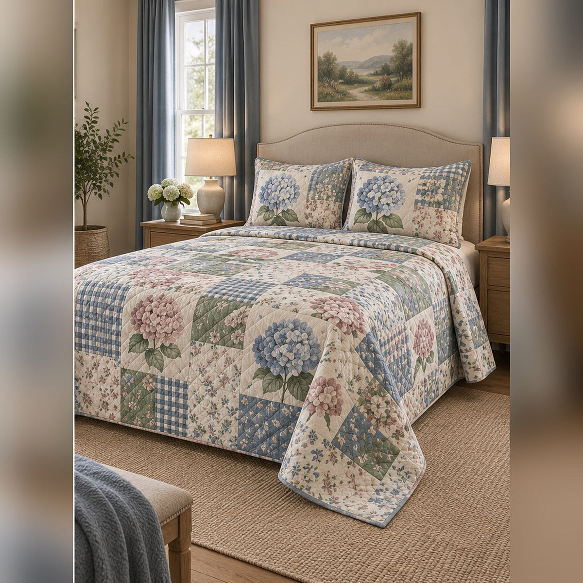 Heirloom Hydrangea Patchwork Print Quilt Set, angled hydrangea bedroom view