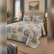 Heirloom Hydrangea Patchwork Print Quilt Set, angled hydrangea bedroom view