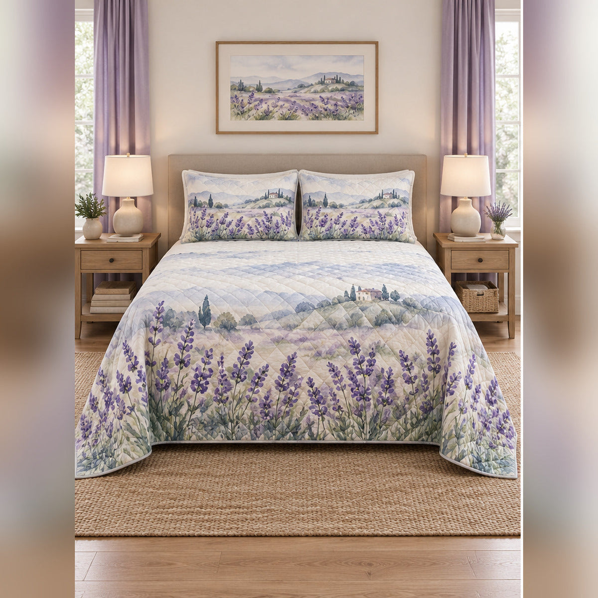 Watercolor Lavender Field Quilt Set, front lavender bedroom view